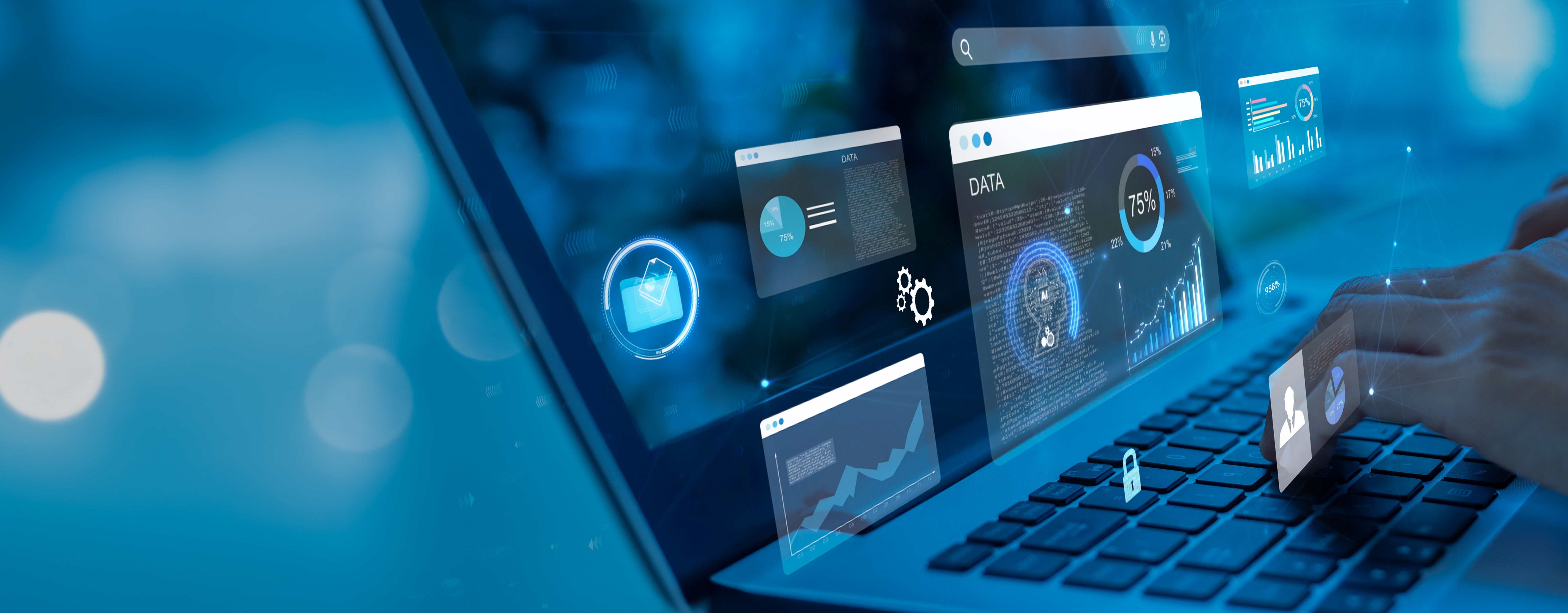 Ein in Blau gehaltenes Bild eines Laptops mit zwei Händen auf der Tastatur, darüber im Raum schwebend illustrierte technische Daten- und Performance-Analysen.