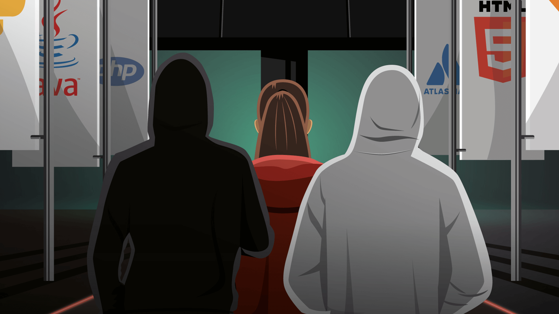 Drei Menschen von Hinten mit Kaputze auf