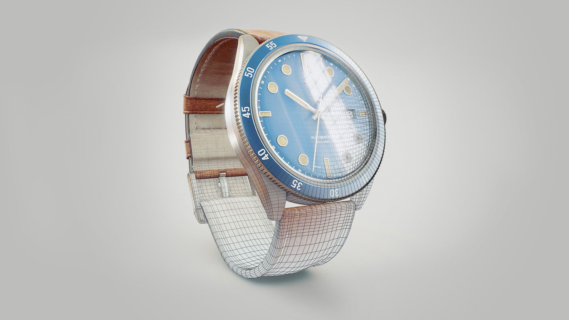 Volle 3D Visualisierung einer Armbanduhr, die im unteren Teil in ein 3D-Gitter übergeht.