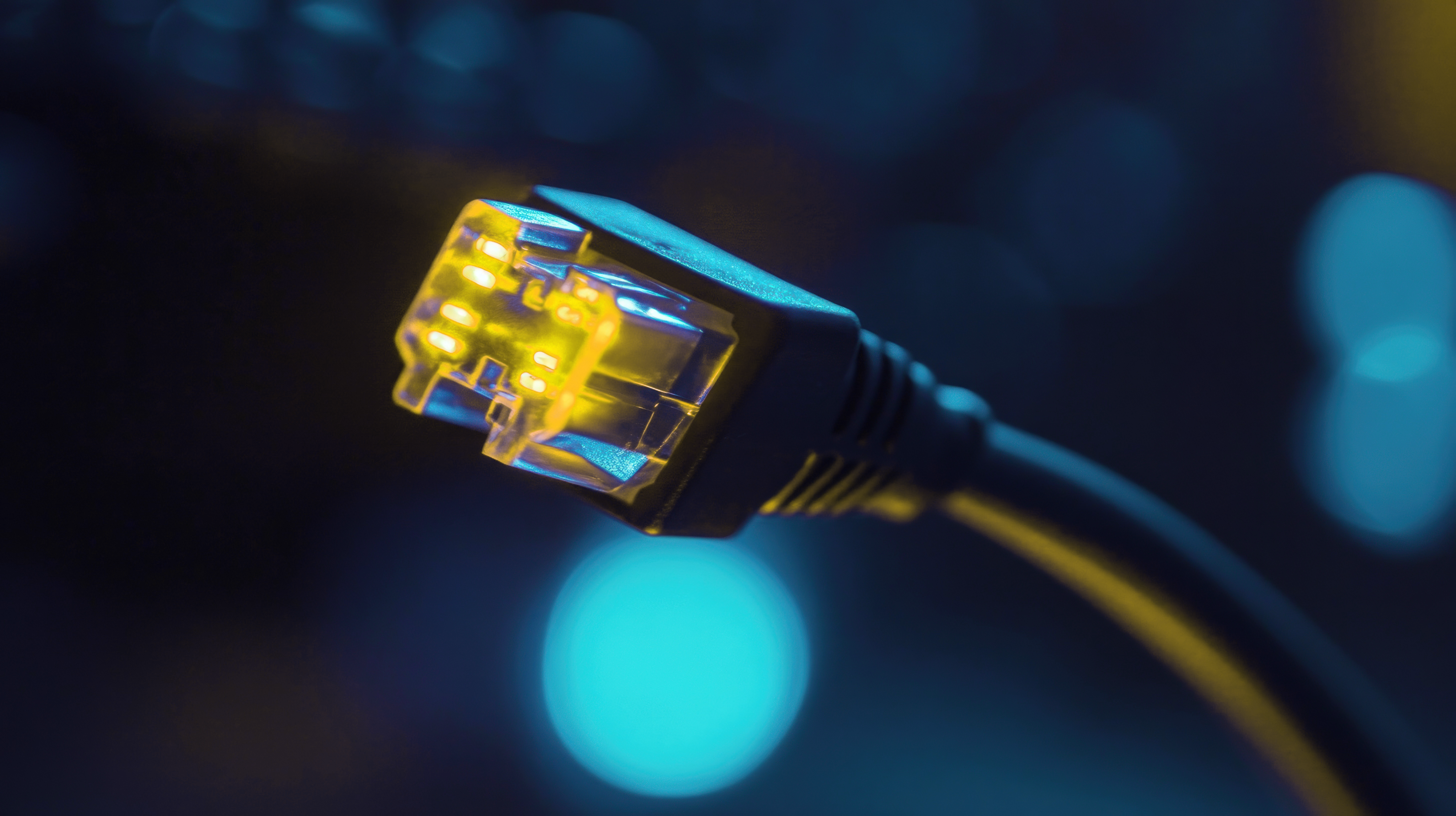 Nahaufnahme eines gelb-leuchtenden Datenverbinders.